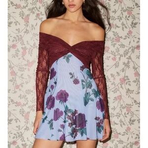 Urban outfitters kimchi Burgundy and Blue Floral Lace Dress